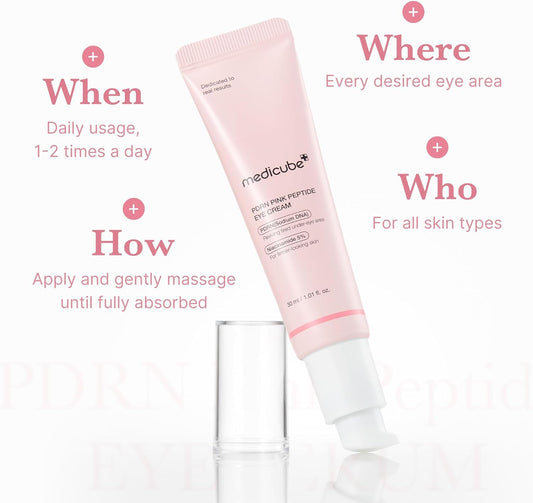Medicube Salmon DNA PDRN Pink Peptide Eye Serum in a 30ml tube, designed as a nourishing eye cream with a pink hue.