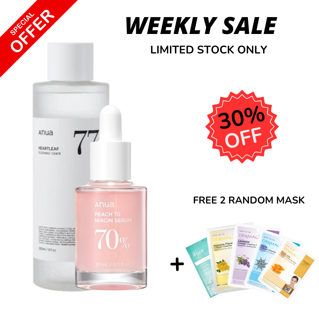 WEEKLY FLASH DEALS Anua Heartleaf 77% Soothing Toner & Peach 70% Niacinamide Serum