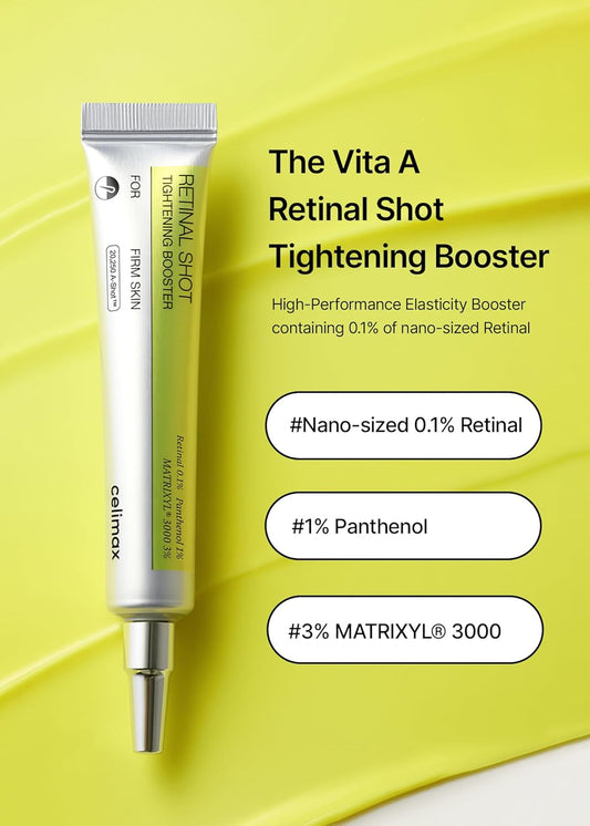 Celimax The Vita A Retinal Shot Tightening Booster cream in a sleek jar, designed to improve skin firmness and radiance.