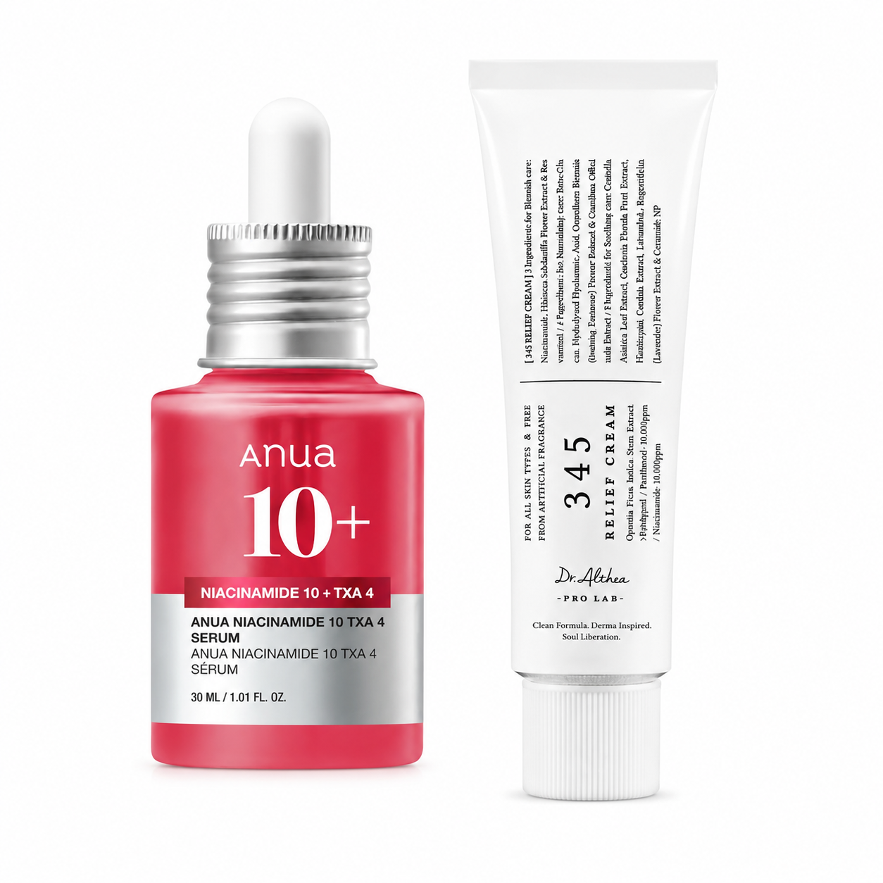Korean skincare set with ANUA Niacinamide Serum and Dr. Althea 345 Cream, featuring brightening and moisturizing products.
