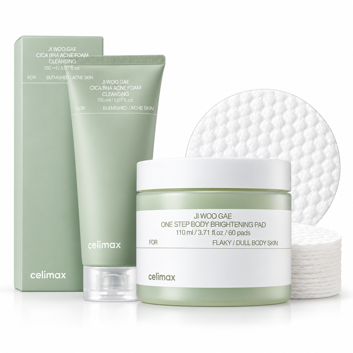 Celimax Ji Woo Gae Cica BHA Acne Foam Cleanser 150ml and One Step Body Brightening Pads 60pcs Korean skincare duo – Glam Secret UAE