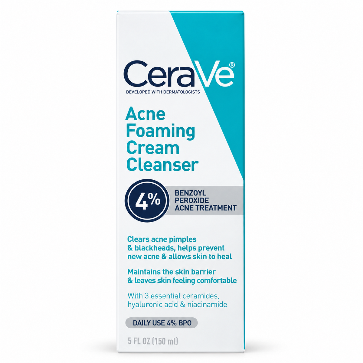 CeraVe Acne Foaming Cream Cleanser with 4% Benzoyl Peroxide in a 150ml bottle, medicated facial cleanser for acne and blemish care.