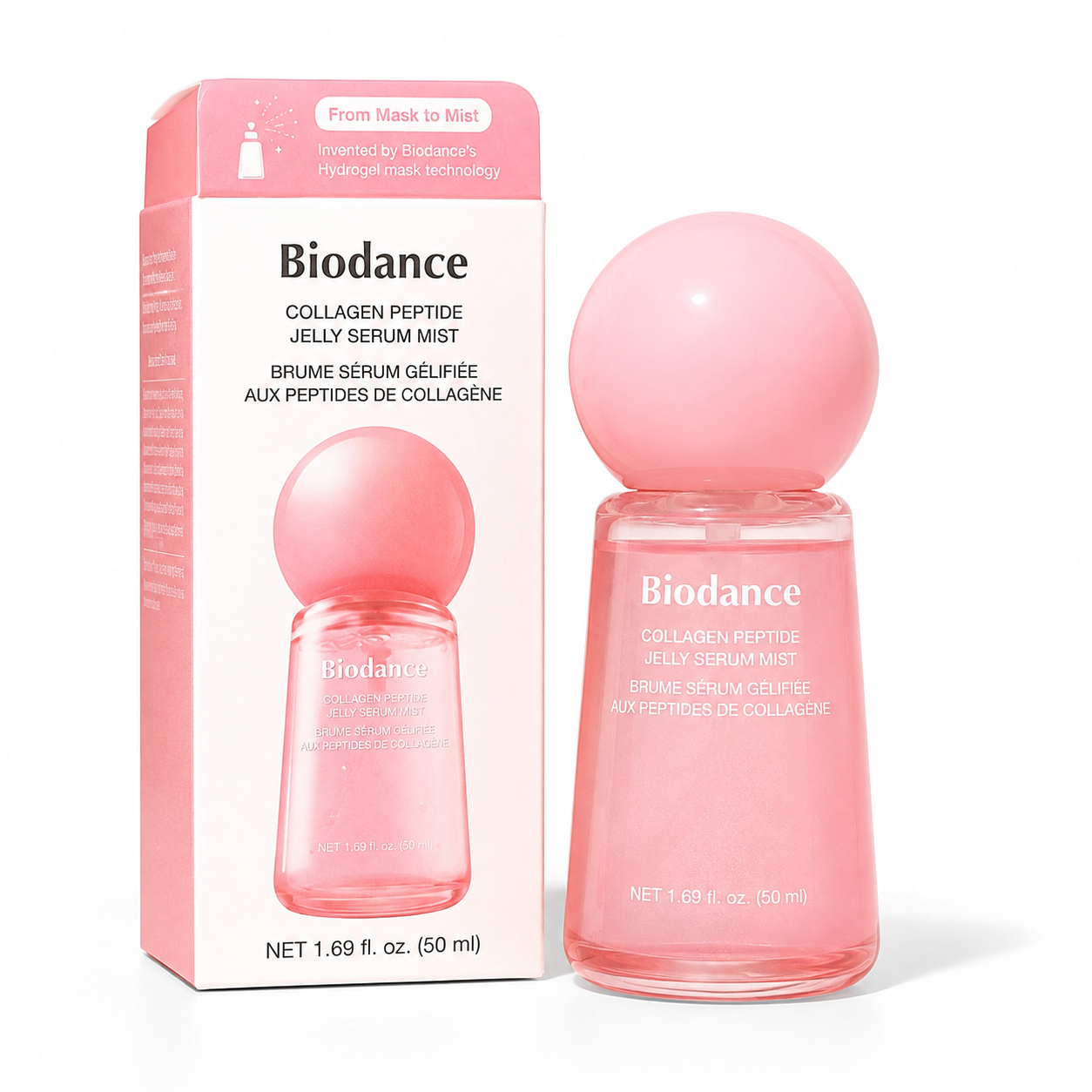 Biodance Collagen Peptide Jelly Serum Mist in a pink bottle with a matching pink spherical cap, shown next to its retail box on a clean white background.