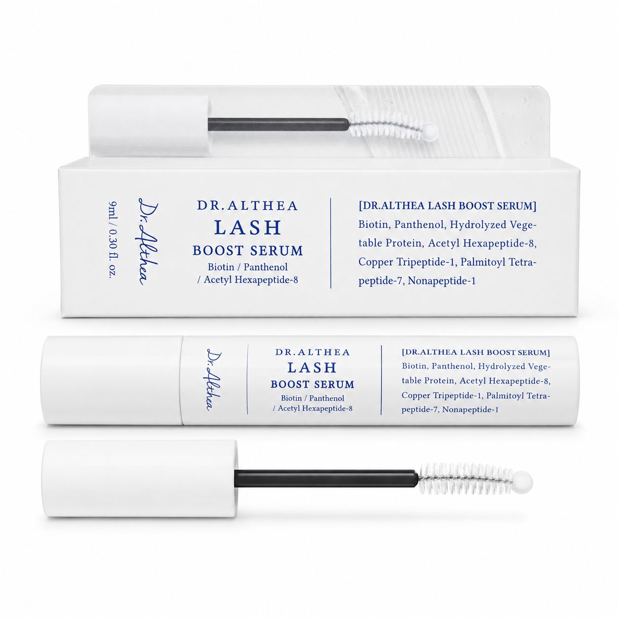 Dr. Althea Lash Boost Serum 9ml with box and curved applicator on white background Glam Secret