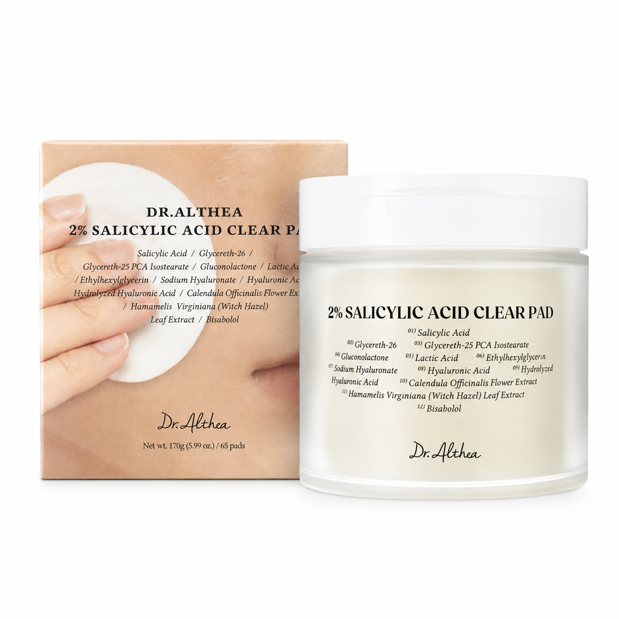 Dr. Althea 2% Salicylic Acid Clear Pad 65 pads box and toner pad container