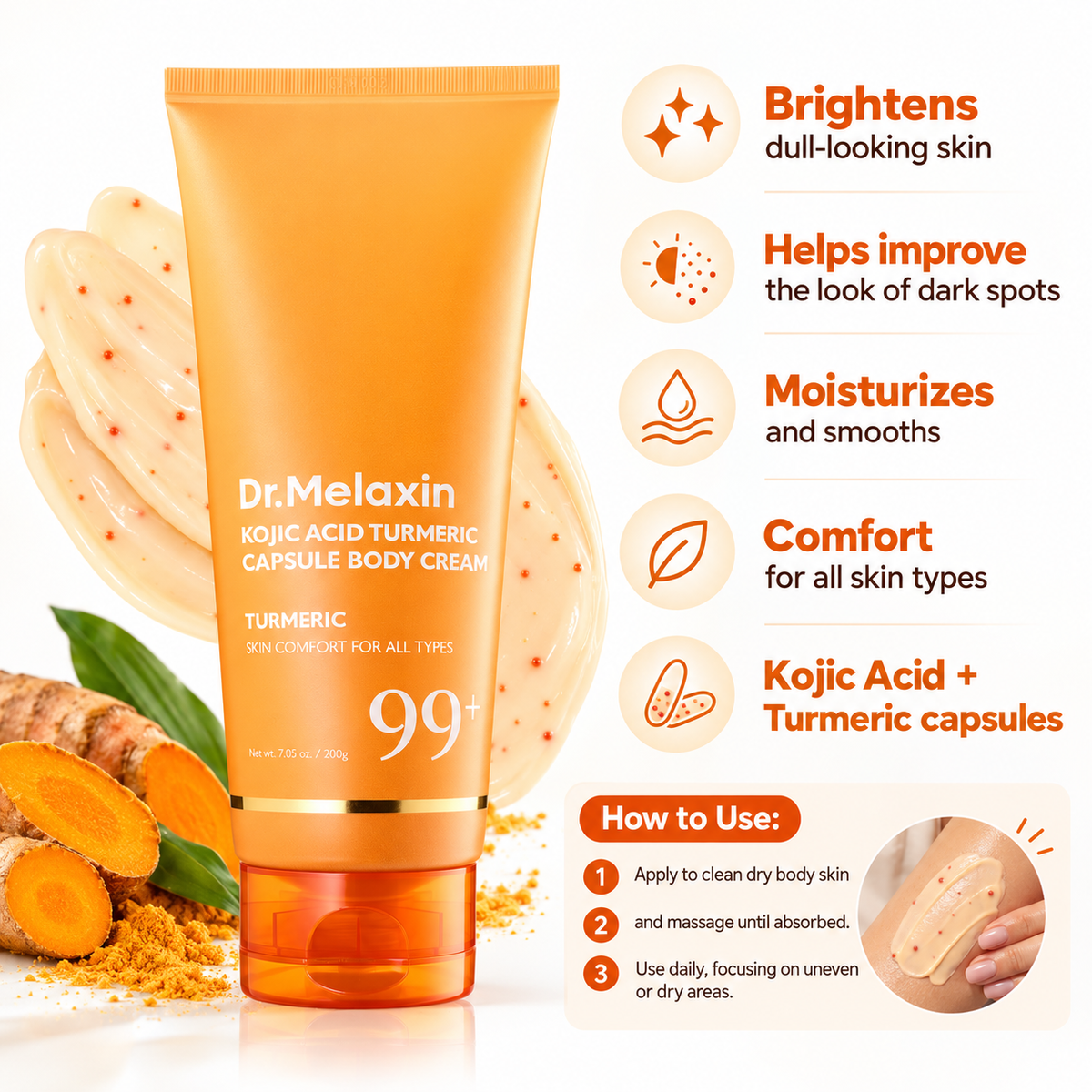 Dr. Melaxin Kojic Acid Turmeric Body Cream benefits for dark spots and uneven skin tone