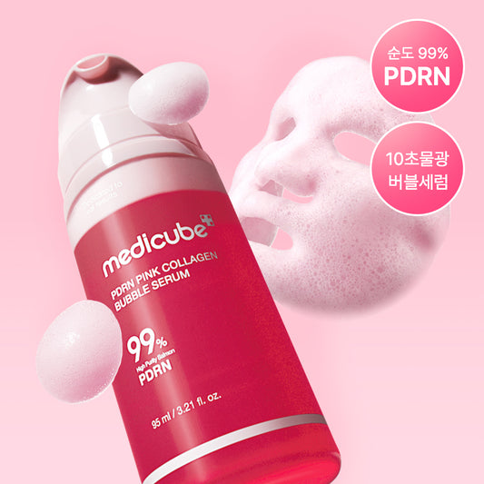 Medicube PDRN Pink Collagen Bubble Serum 95ml bottle with a pump dispenser and pink packaging for skincare.