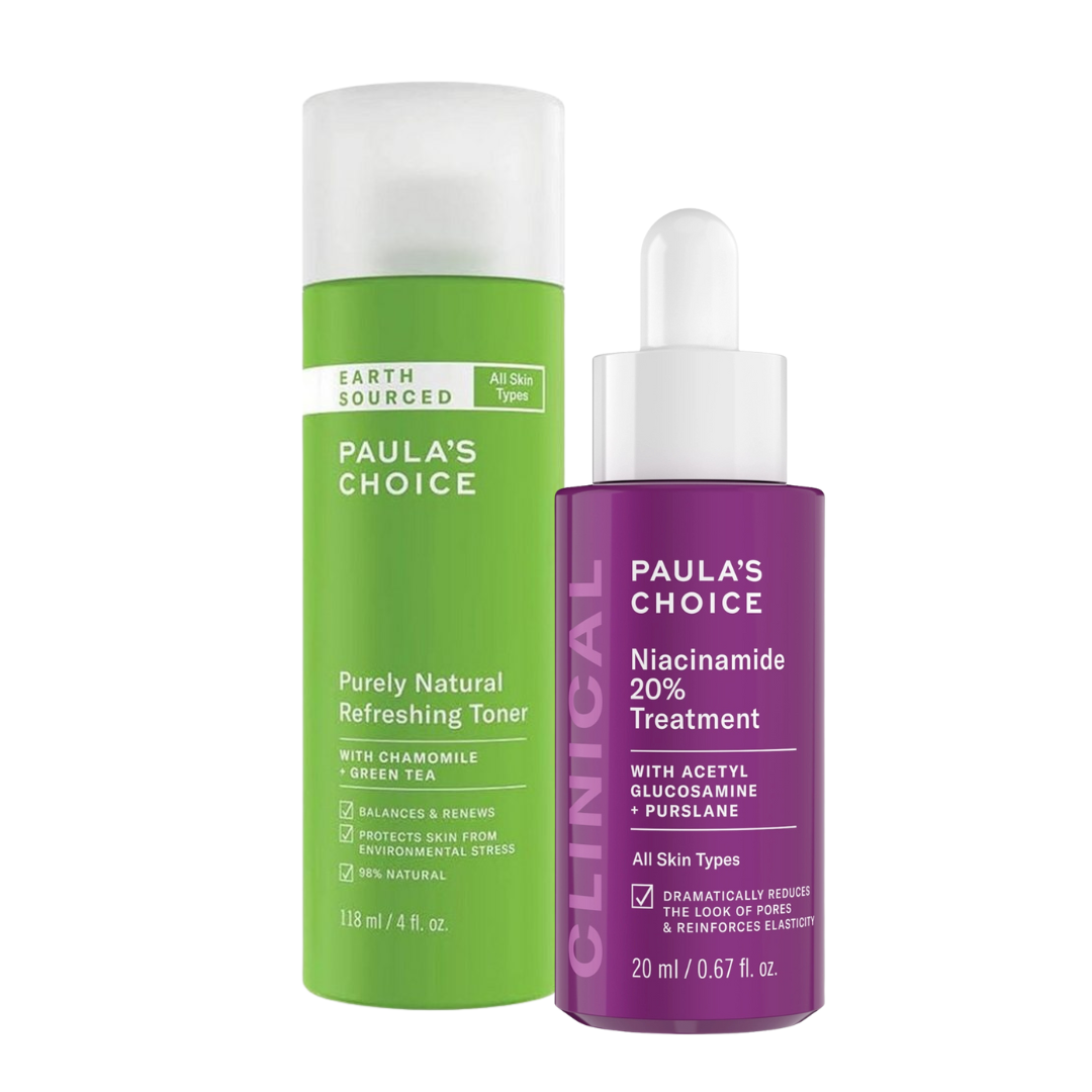 The Paula’s Choice Hydrating Toner & 20% Niacinamide Set is designed for customers who want a simple two-step routine for hydration, visible pores, rough texture, and uneven-looking skin glam secret