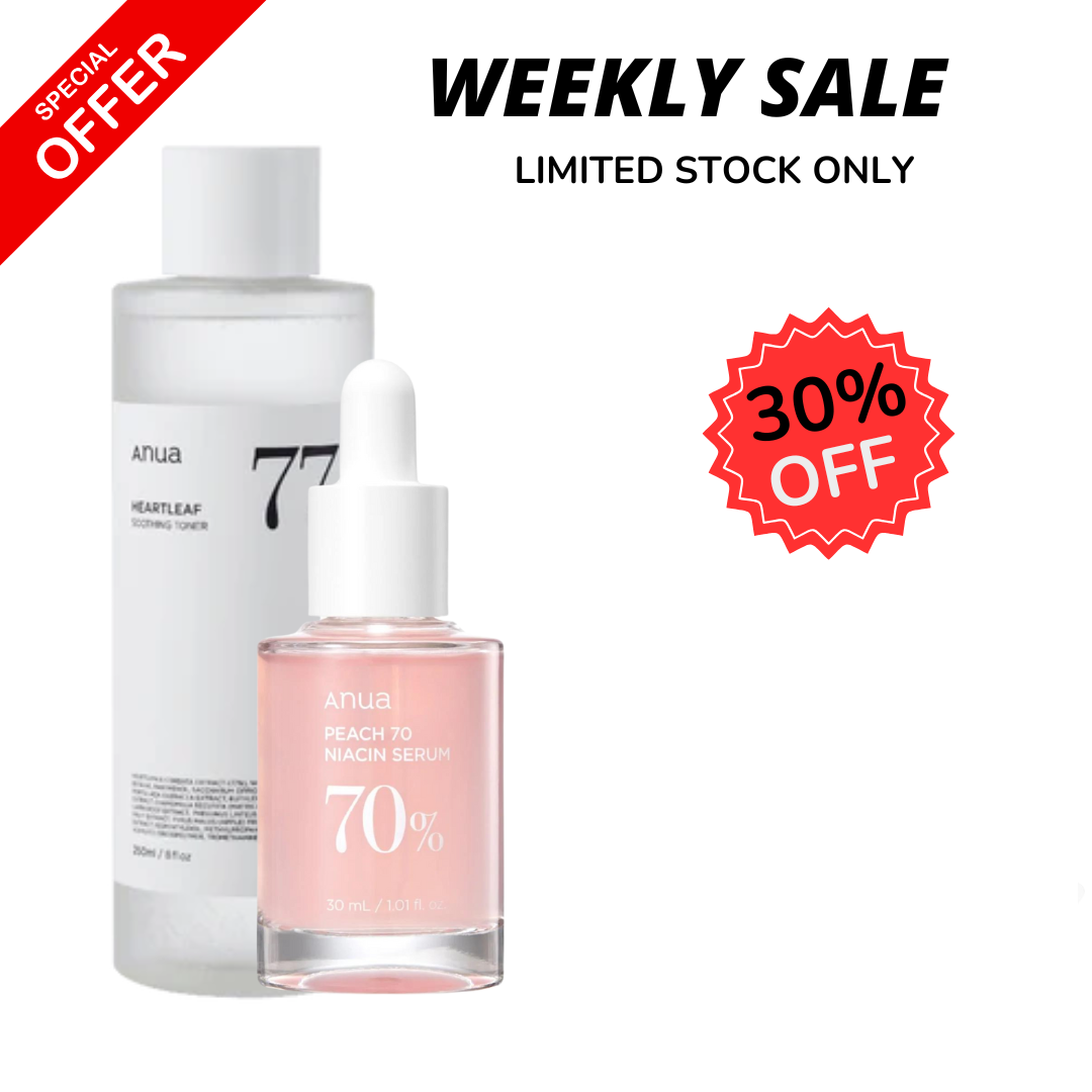 WEEKLY FLASH DEALS Anua Heartleaf 77% Soothing Toner & Peach 70% Niacinamide Serum