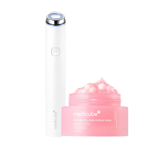 Medicube Age R PRO Booster Mini and PDRN Pink Collagen Capsule Cream Set, skincare products with antioxidant and collagen benefits.