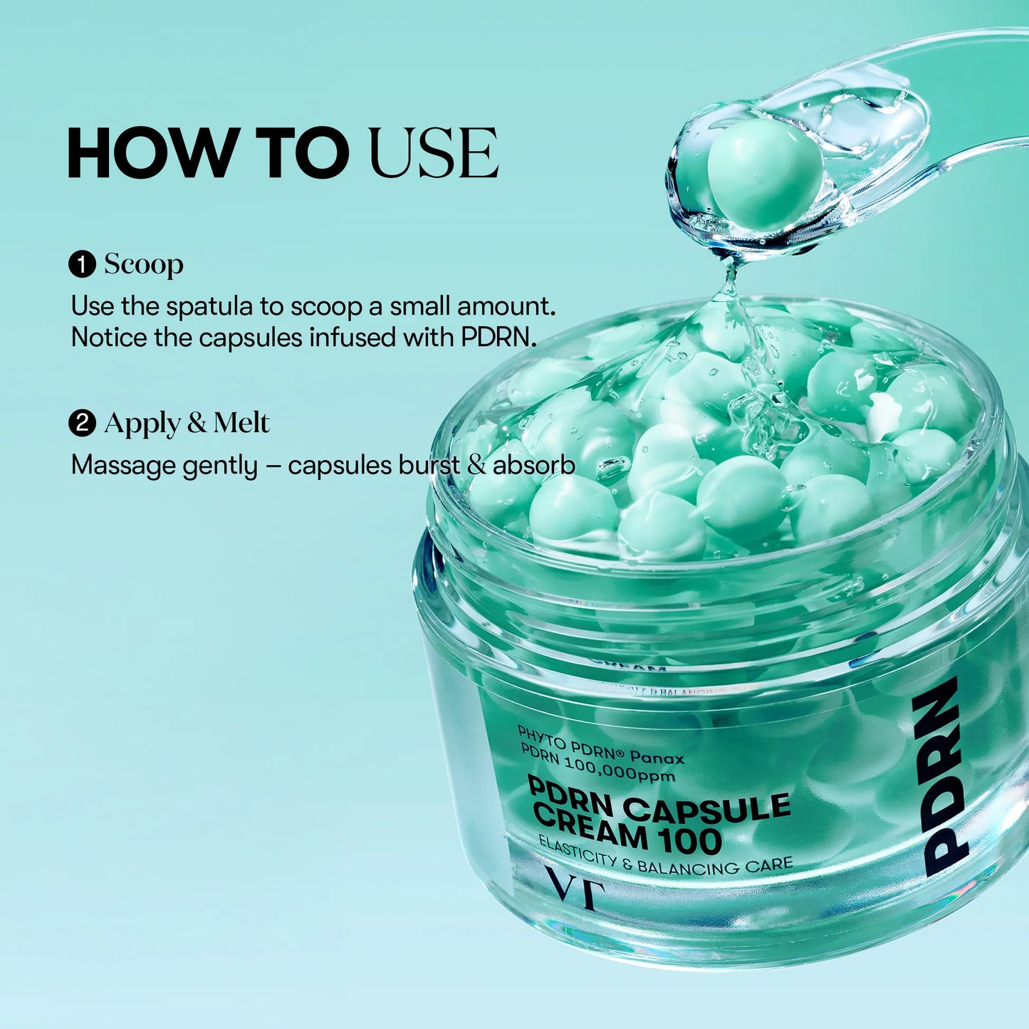 VT PDRN Capsule Cream 50ml jar with a smooth, glowing skin appearance, showcasing the nourishing PDRN skincare formula.