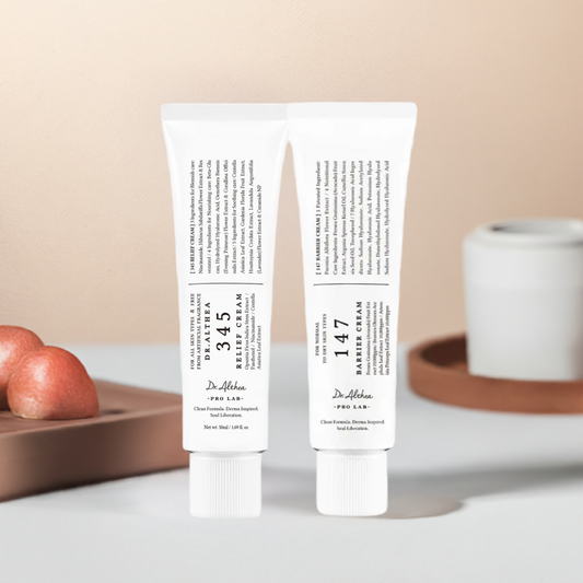 DR ALTHEA Barrier and Relief Creams, creamy skincare products in white jars with blue labels, designed for skin protection and soothing.