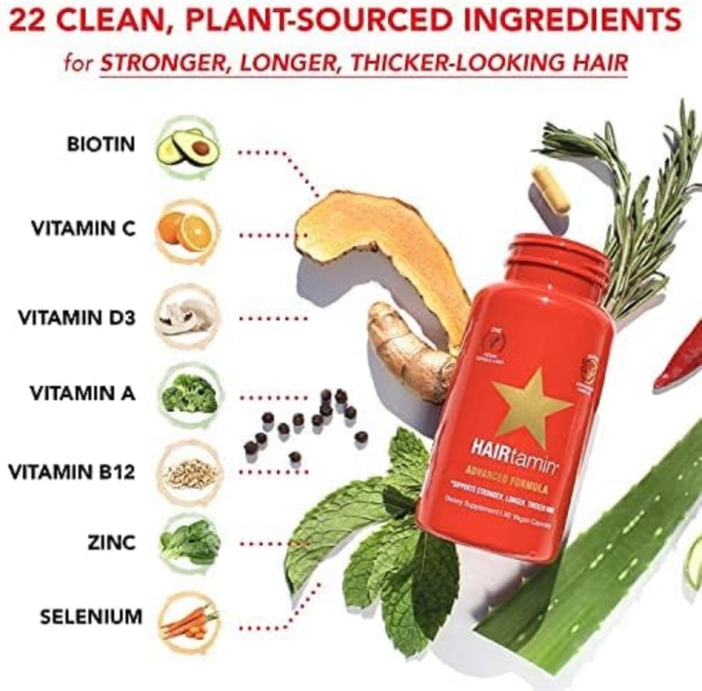 HAIRtamin Vegan Hair Vitamins for Faster Hair Growth | Natural Biotin Capsules for Healthy Hair, Skin & Nails - Glam Secret