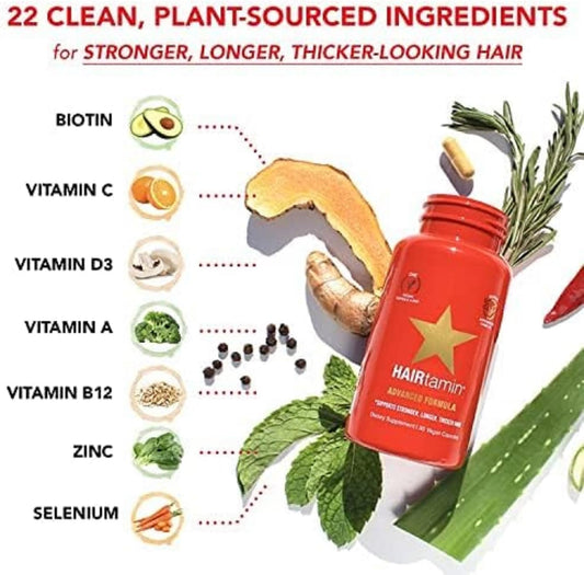 HAIRtamin Vegan Hair Vitamins for Faster Hair Growth | Natural Biotin Capsules for Healthy Hair, Skin & Nails - Glam Secret