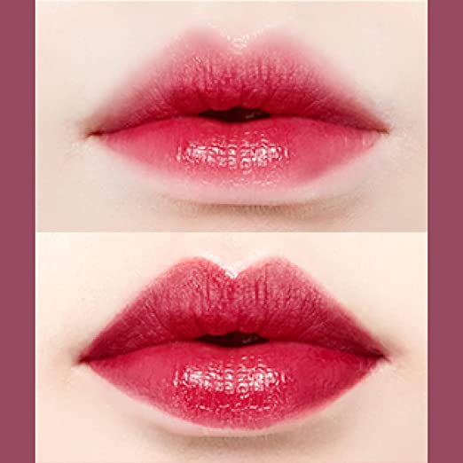 Etude House Dear Darling Water Gel Tint RD308 applied on lips, showcasing vibrant red color and glossy finish.