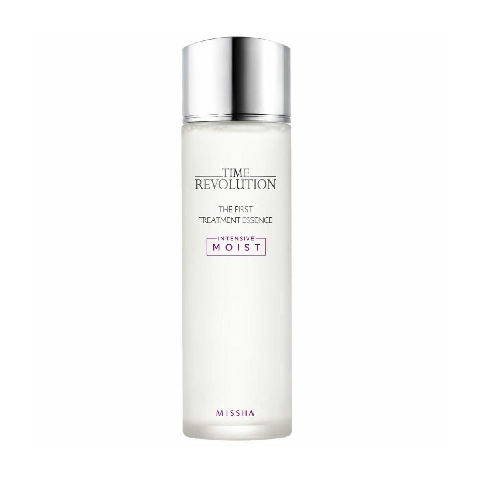 MISSHA TIME REVOLUTION THE FIRST TREATMENT ESSENCE Intensive Moist, clear bottle with pump for hydrating skincare.