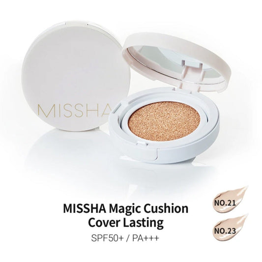 Missha Magic Cushion Cover Foundation with SPF 50/PA+++ in compact form, featuring a sleek black case and cushion applicator.