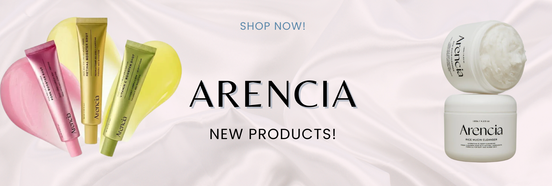 Arencia Korean skincare collection banner at Glam Secret UAE featuring Rice Mochi Cleansers, vegan-certified skincare products, and clean beauty formulas for glowing healthy skin.
