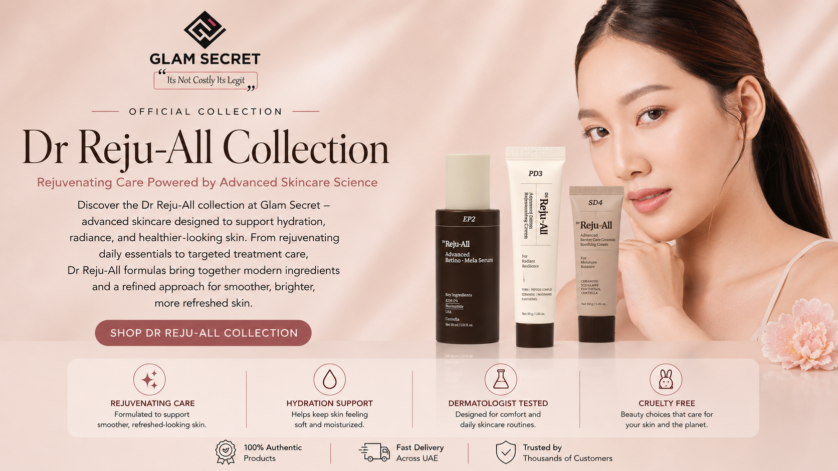 Dr Reju-All Collection banner featuring Glam Secret branding, Korean skincare model, and Dr Reju-All products for rejuvenating and hydrating skincare.