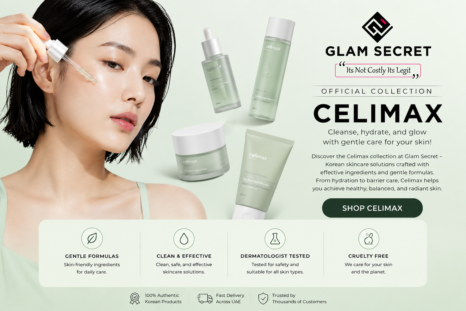 Celimax Korean skincare collection UAE featuring hydrating serums, gentle cleansers, and glow skincare at Glam Secret