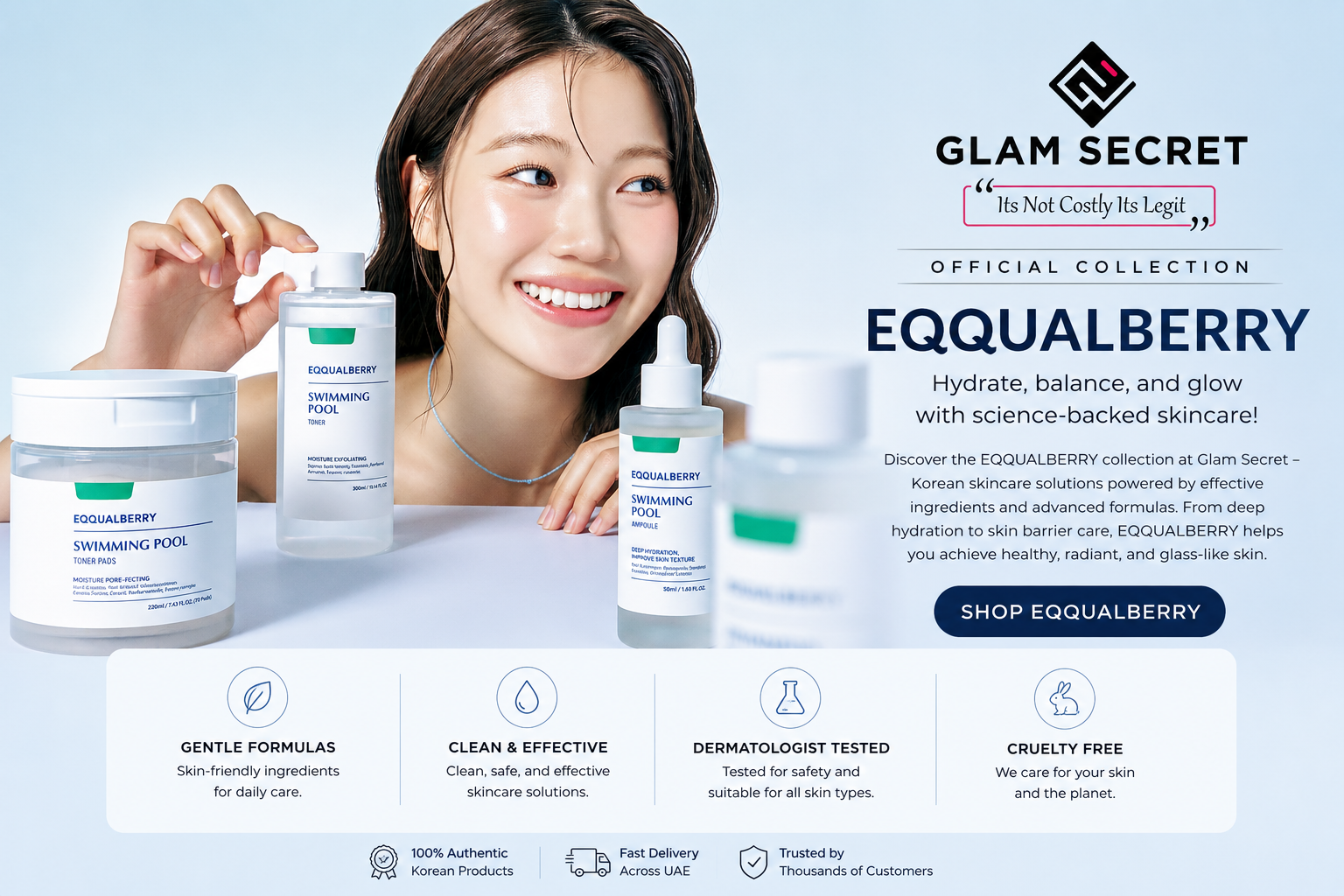 EQQUALBERRY Korean skincare collection UAE featuring NAD+ peptide serums, hydration care, and glass skin products at Glam Secret