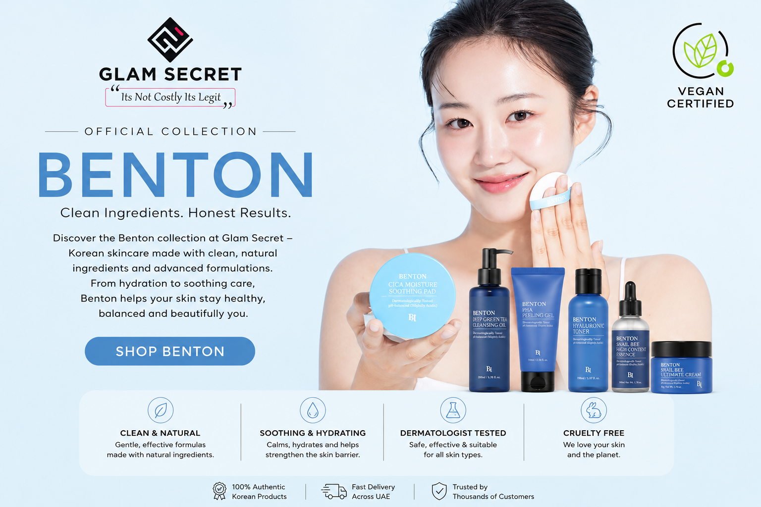 Benton Korean skincare collection banner featuring hydrating skincare, snail bee products, and vegan Korean beauty UAE