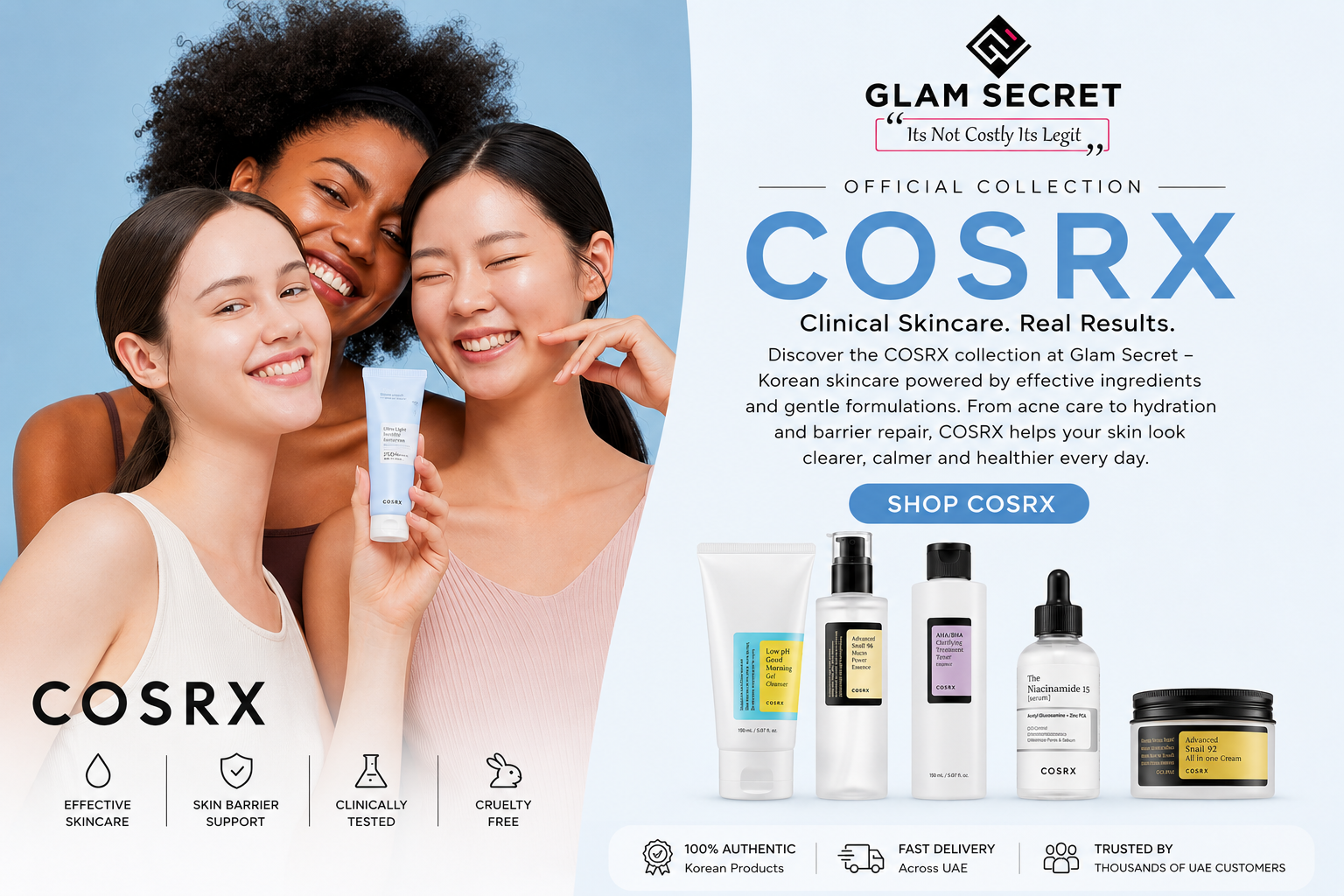 COSRX Korean Skincare Collection UAE | Authentic K-Beauty Snail Mucin Acne Care Hydrating Skincare Online at Glam Secret