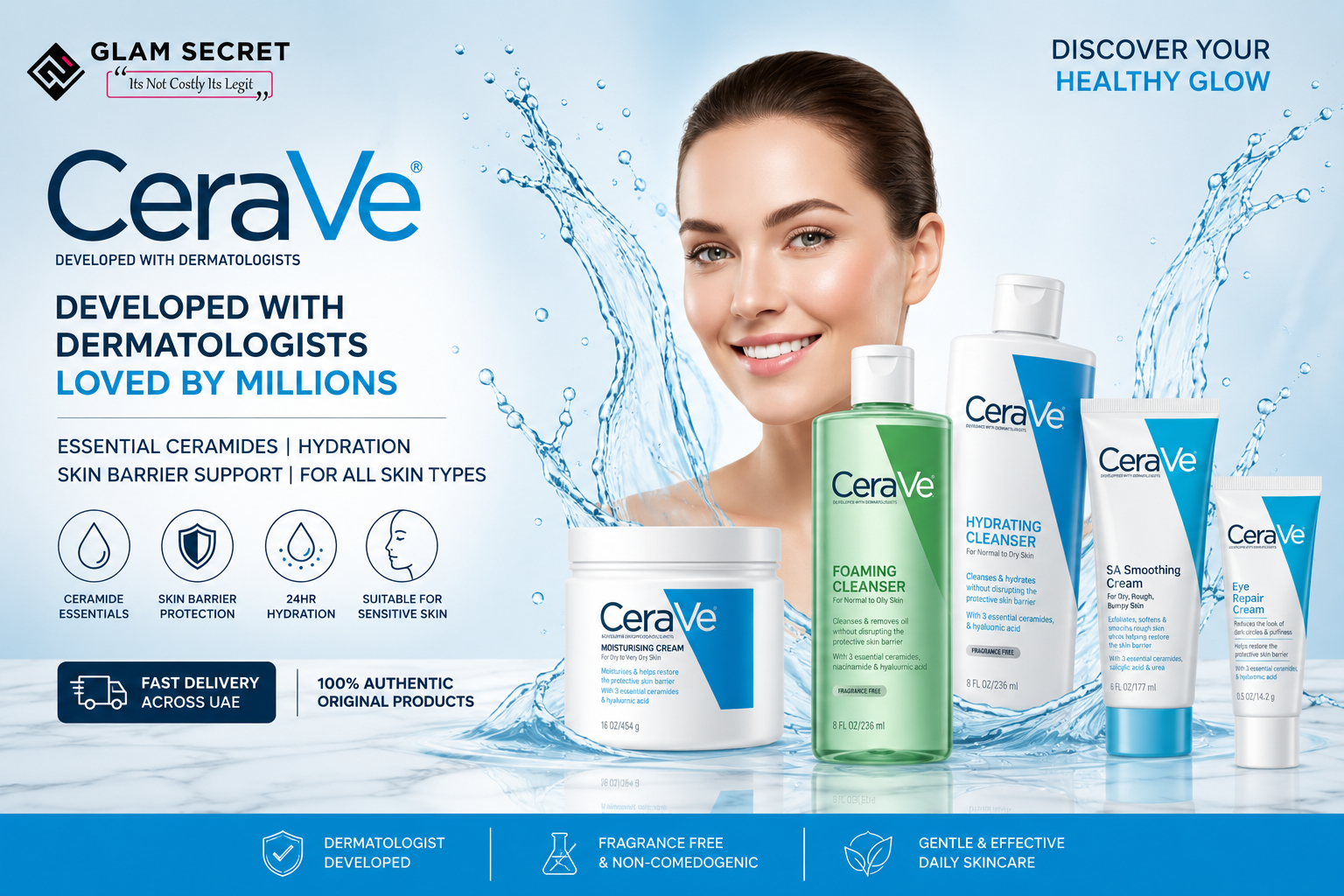 CeraVe Skincare Collection UAE Banner | Authentic Hydrating Cleanser, Moisturizing Cream & Ceramide Skin Barrier Care Products at Glam Secret UAE