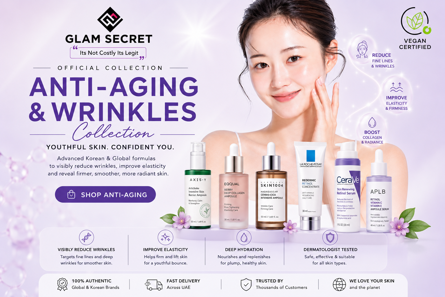 Anti-aging and wrinkle care collection banner at Glam Secret UAE featuring viral skincare brands Anua, Medicube, COSRX, Beauty of Joseon, La Roche-Posay and CeraVe with retinol, collagen, hydration and firming care for youthful glowing skin.