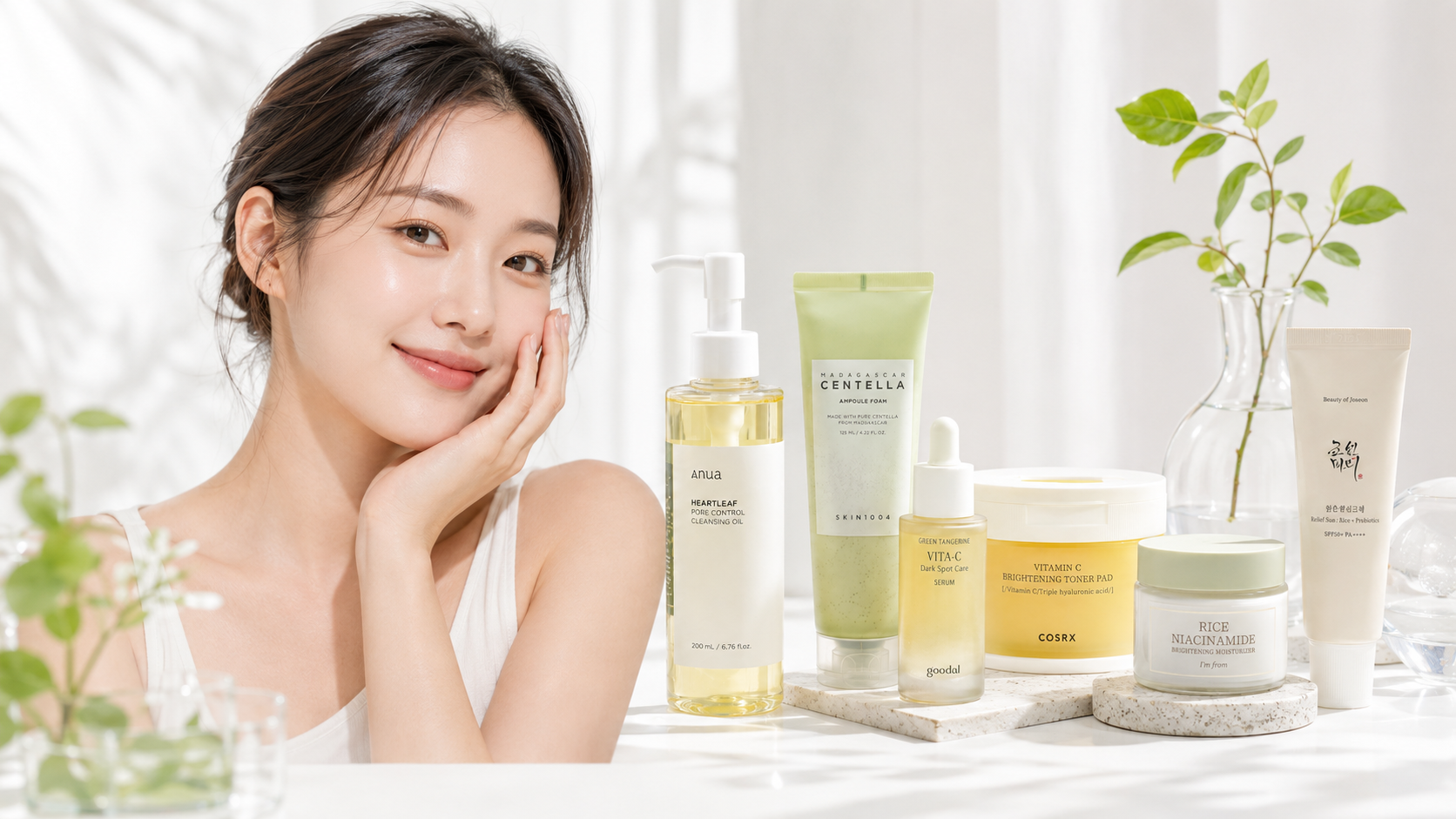 Korean dark spot and pore care skincare banner with glowing skin model and K-beauty products at Glam Secret UAE.
