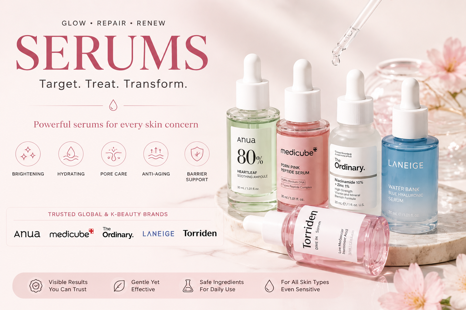 Serums and ampoules in UAE at Glam Secret featuring brightening serums, hydrating ampoules, pore care serums and anti-aging skincare products.