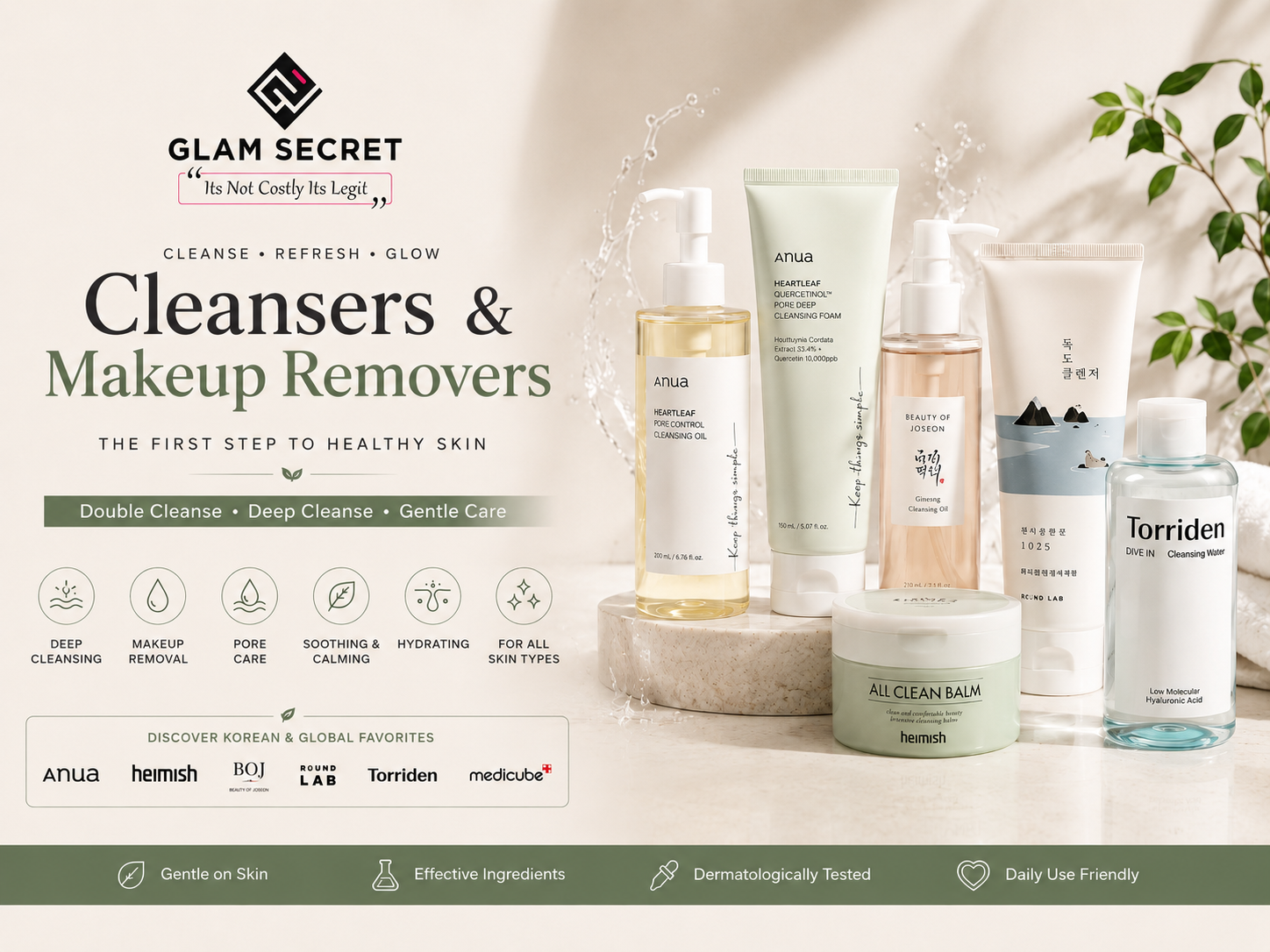 Cleansers and makeup removers in UAE at Glam Secret featuring cleansing oils, cleansing balm, foam cleanser and cleansing water for pore care, makeup removal and healthy glowing skin.