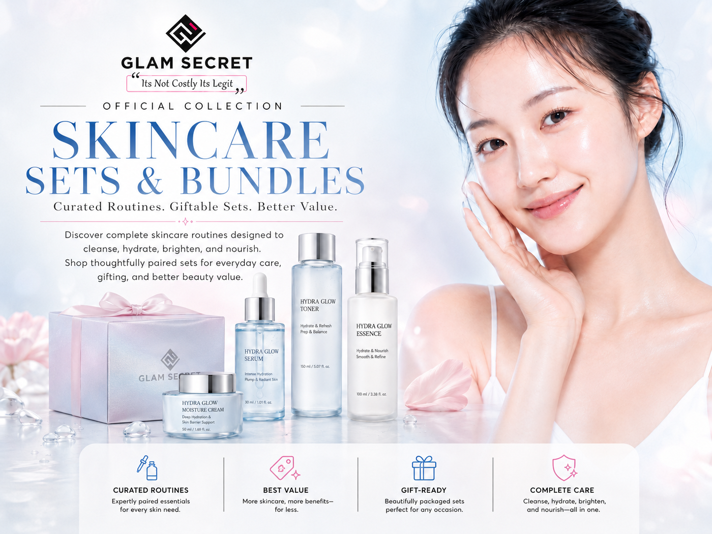 Skincare sets and bundles at Glam Secret featuring complete skincare routines, beauty gift sets, hydrating products and daily glow care.