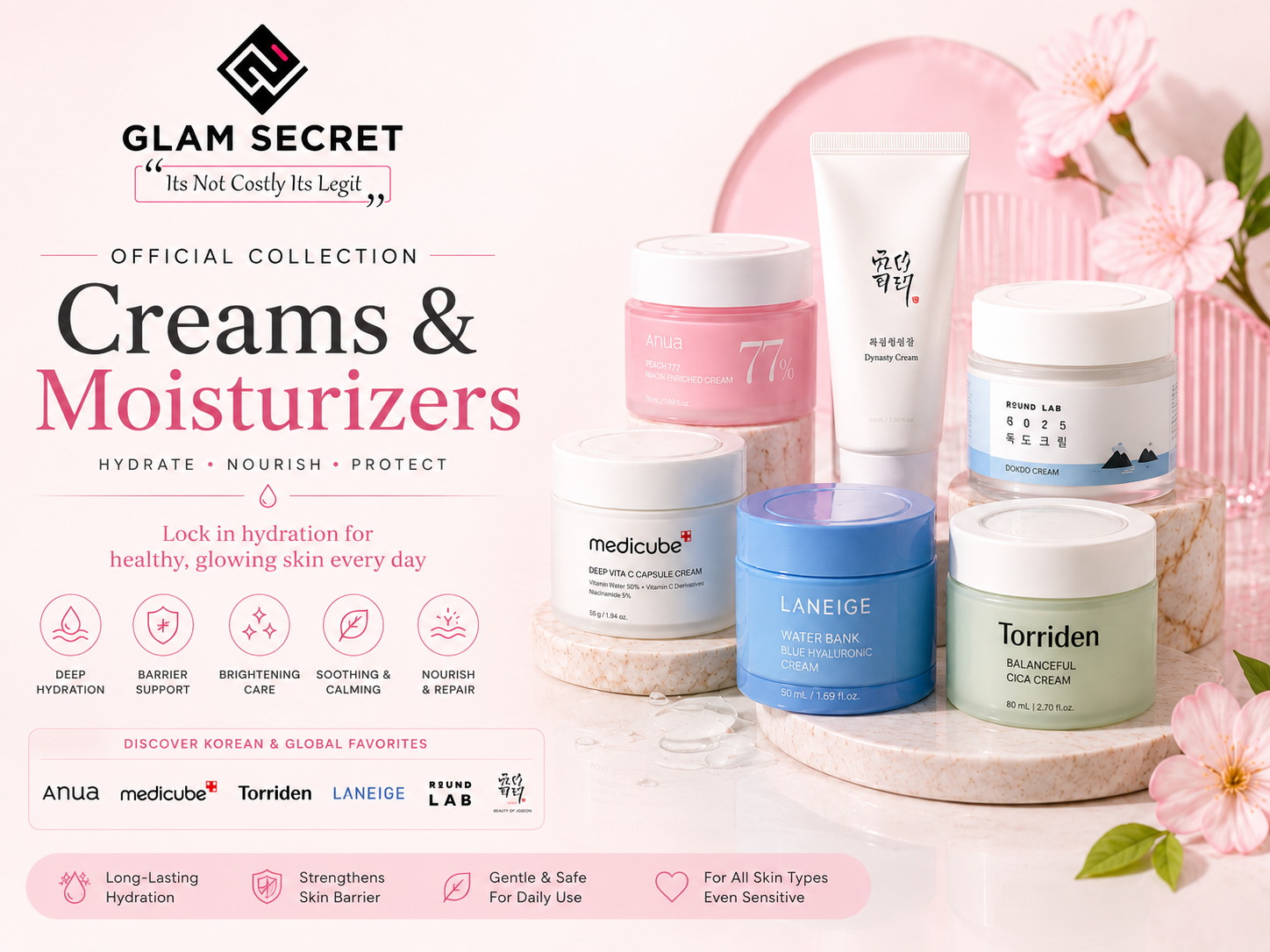 Creams and moisturizers at Glam Secret featuring hydrating creams, barrier repair moisturizers, soothing skincare and daily face creams for soft glowing skin.