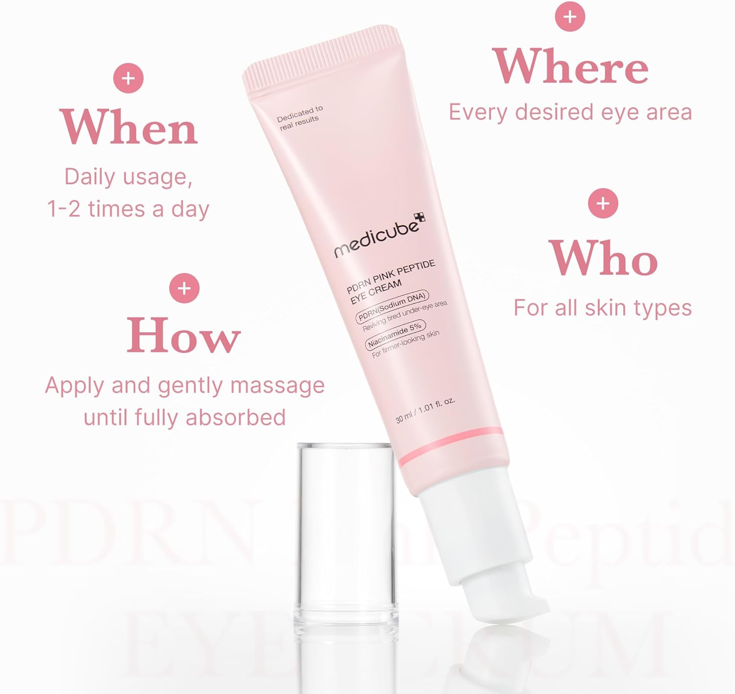 Medicube Salmon DNA PDRN Pink Peptide Eye Serum in a 30ml tube, designed as a nourishing eye cream with a pink hue.