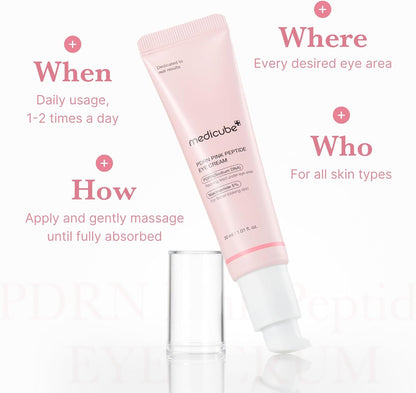 Medicube Salmon DNA PDRN Pink Peptide Eye Serum in a 30ml tube, designed as a nourishing eye cream with a pink hue.