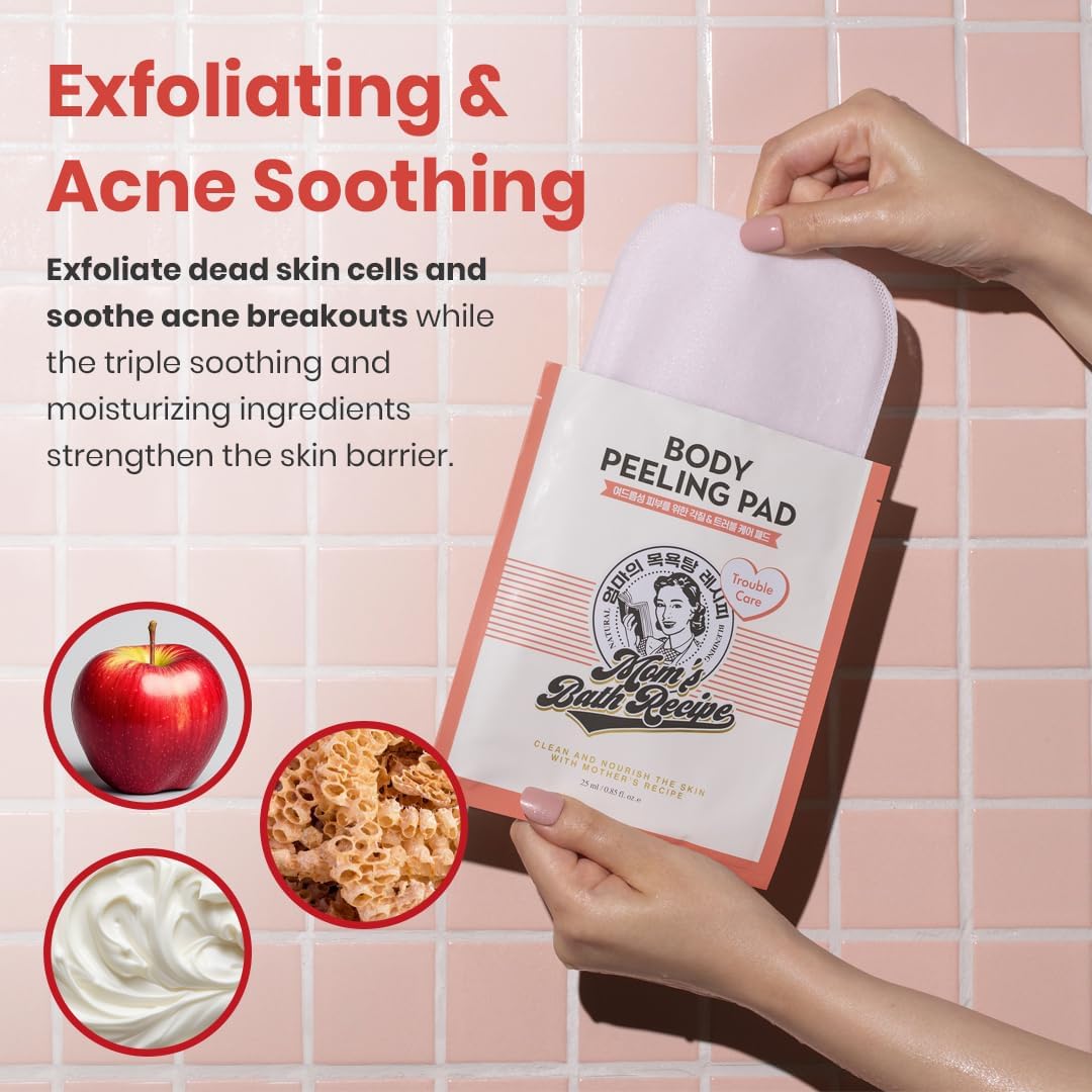 Mom's Bath Recipe Body Peeling Pad Trouble Care, Acne Remover All in One Bubble Body Wash & Scrub Gloves with BHA & Cica, Exfoliating Washcloth for Dead Skin Cells, Body Acne Breakouts, 8 Sheets - Glam Secret
