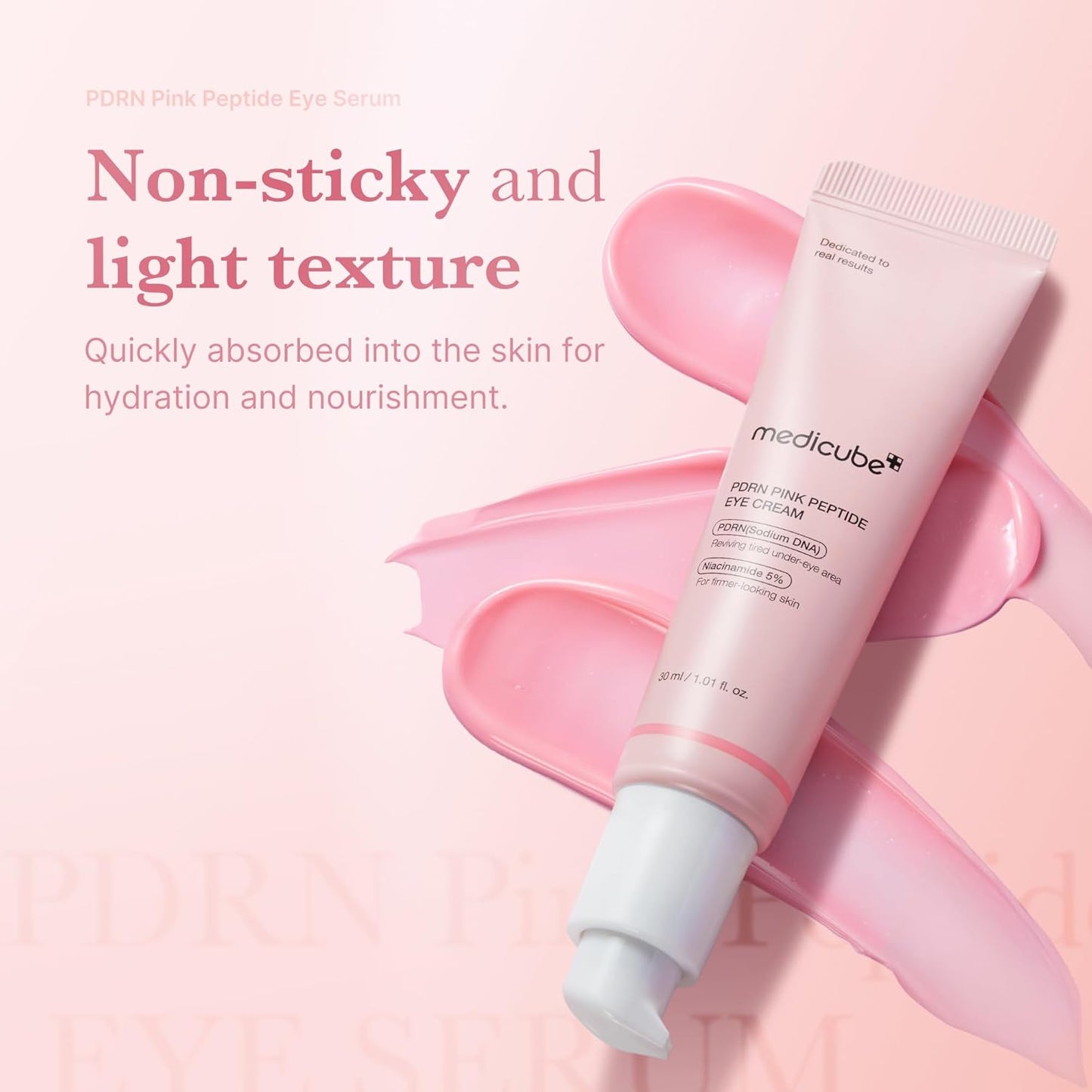 Medicube Salmon DNA PDRN Pink Peptide Eye Serum in a 30ml tube, featuring a light pink formula for eye area skincare.