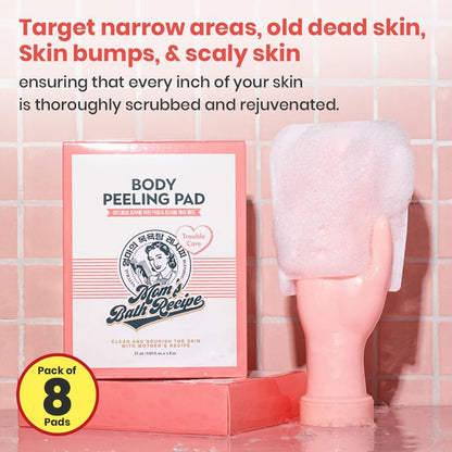 Mom's Bath Recipe Body Peeling Pad Trouble Care, Acne Remover All in One Bubble Body Wash & Scrub Gloves with BHA & Cica, Exfoliating Washcloth for Dead Skin Cells, Body Acne Breakouts, 8 Sheets - Glam Secret