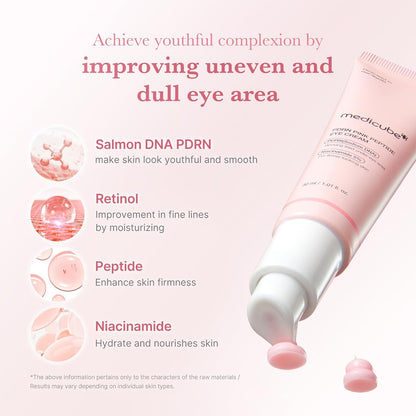 Medicube Salmon DNA PDRN Pink Peptide Eye Cream in a 30ml jar showing the product container and branding.