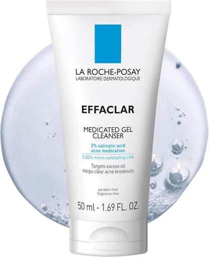 CeraVe Effaclar Medicated Gel Cleanser for acne-prone skin, showing the clear gel in a white bottle with blue accents.