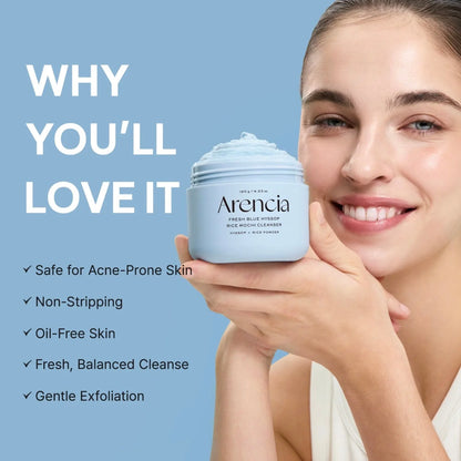Woman holding a jar of Arencia product with text highlighting its benefits on a blue background