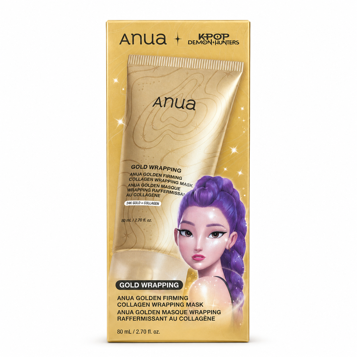 Anua KPop Demon Hunters Golden Firming Collagen Wrapping Mask 80ml with 24K gold and collagen.