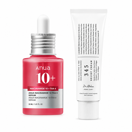 Korean skincare set with ANUA Niacinamide Serum and Dr. Althea 345 Cream, featuring brightening and moisturizing products.