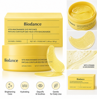 Biodance Vita Niacinamide Eye Patches set, featuring a yellow jar and matching box alongside close-up panels of the translucent yellow patches, with icons highlighting brightening, hydrating, depuffing, and soothing benefits.