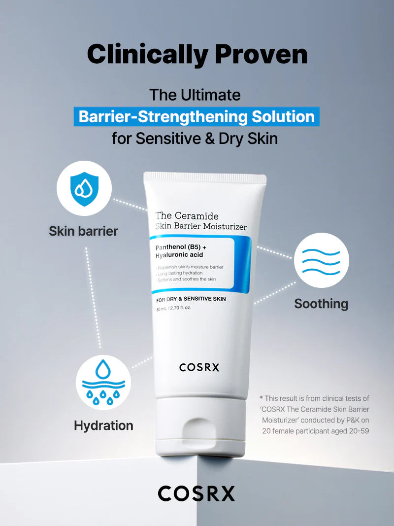 COSRX The Ceramide Skin Barrier Moisturizer in a blue jar, promoting hydration and skin barrier repair for healthy Korean skincare.