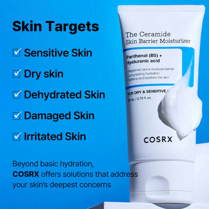 COSRX The Ceramide Skin Barrier Moisturizer in a white 80ml jar, Korean skincare product for nourishing and hydrating skin.