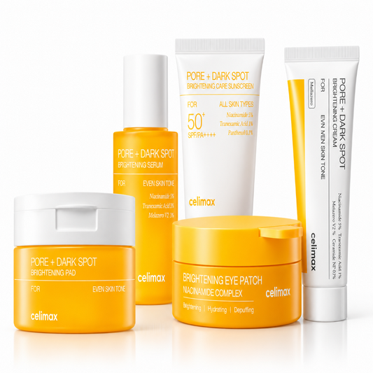Celimax Pore Dark Spot Brightening 5-Piece Korean Skincare Set with niacinamide serum, brightening cream, SPF50 sunscreen, face pads and eye patches – Glam Secret UAE