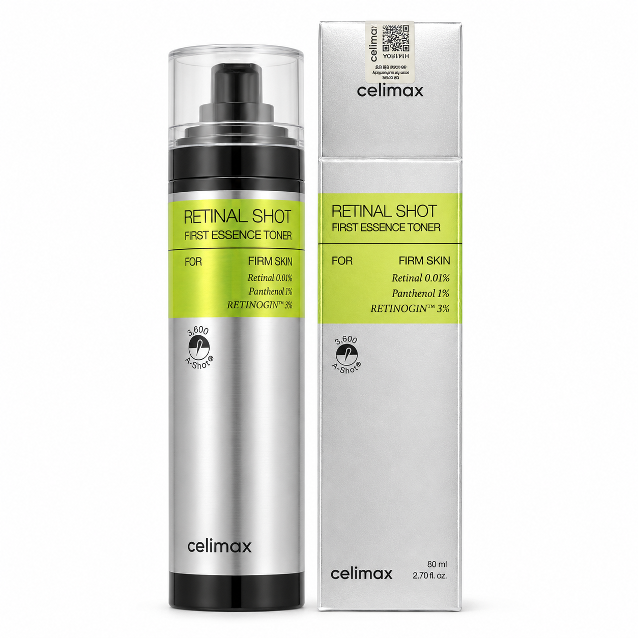 Celimax Retinal Shot First Essence Toner 80ml with silver box on a white background