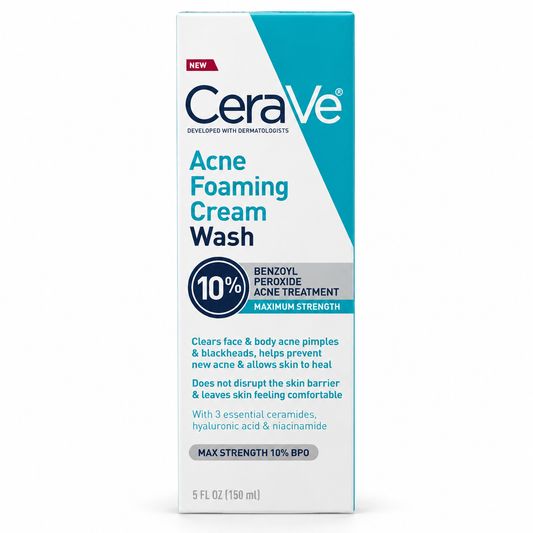CeraVe Acne Foaming Cream Wash box with 150ml bottle, benzoyl peroxide acne treatment for face and body skin care